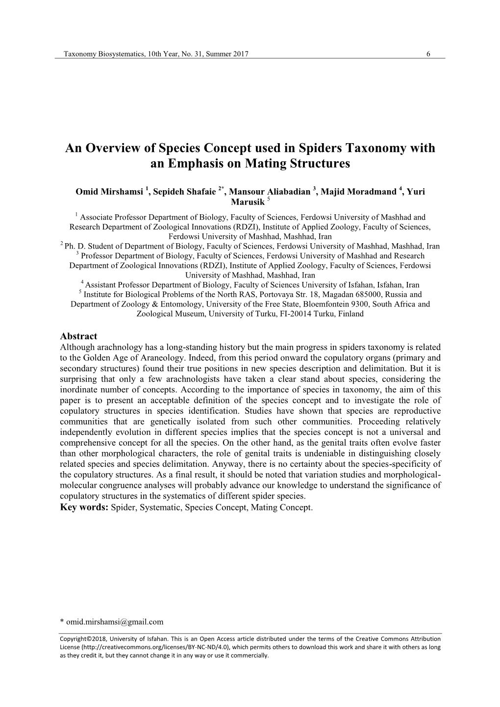 An Overview of Species Concept Used in Spiders Taxonomy with an Emphasis on Mating Structures