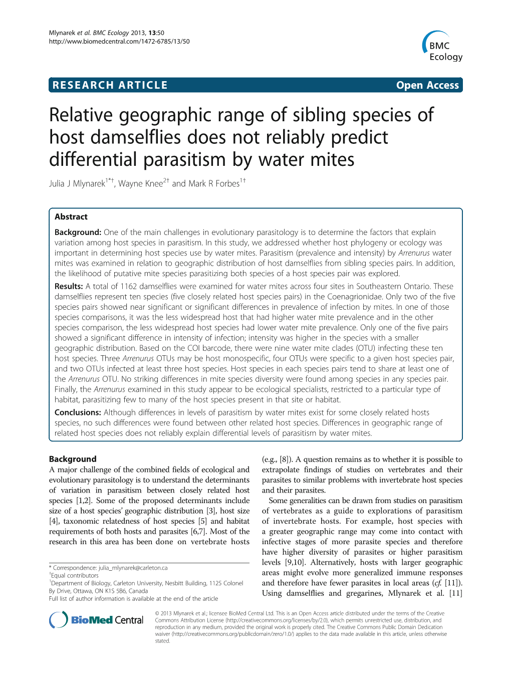 Relative Geographic Range of Sibling Species of Host Damselflies Does