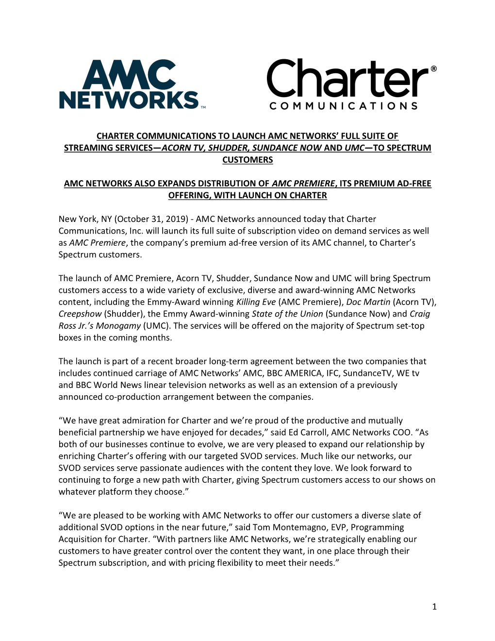 1 Charter Communications to Launch Amc