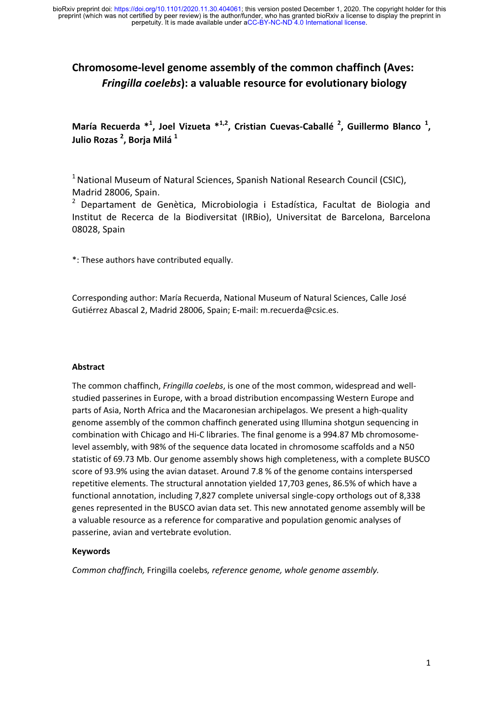 Chromosome-Level Genome Assembly of the Common Chaffinch (Aves: Fringilla Coelebs): a Valuable Resource for Evolutionary Biology