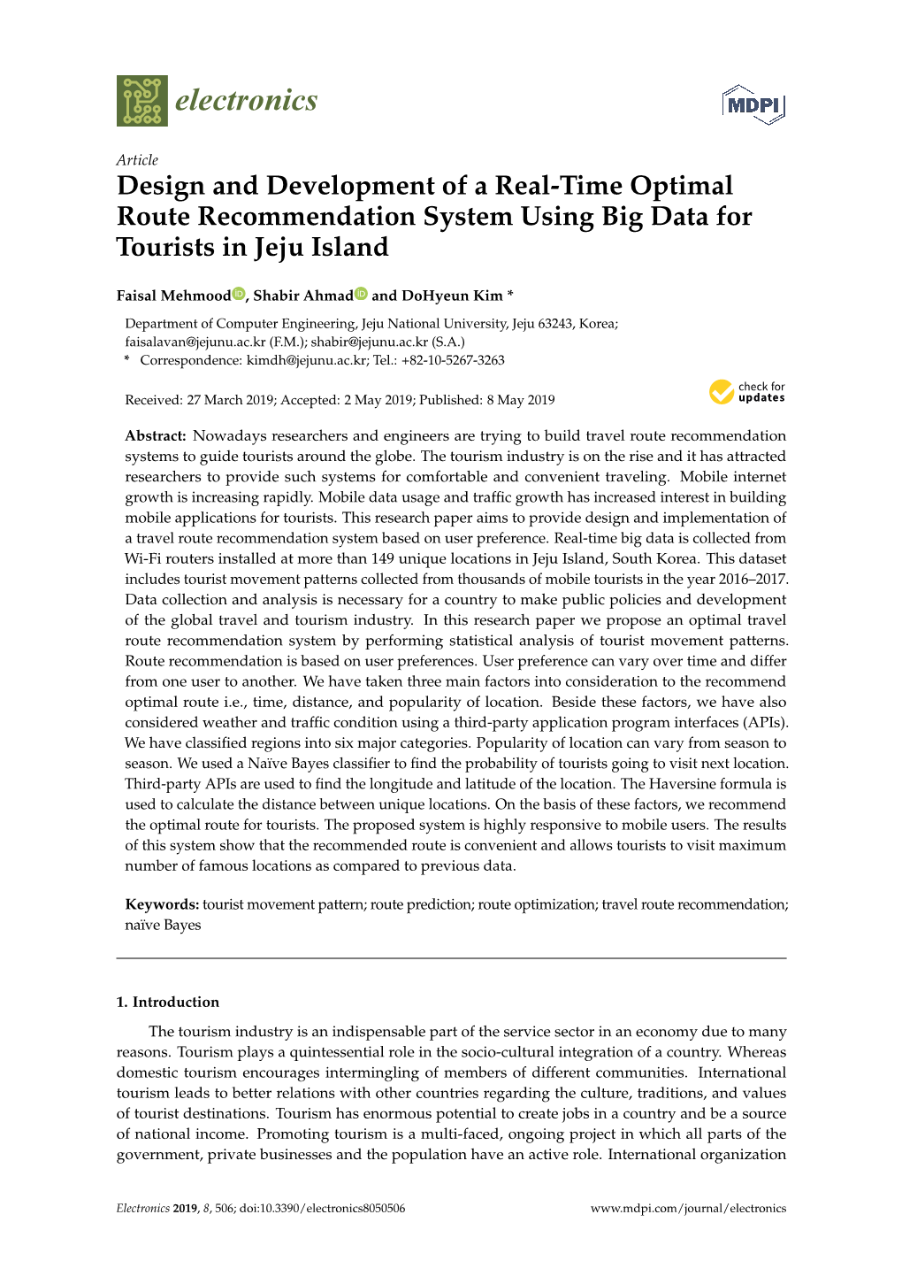 Design and Development of a Real-Time Optimal Route Recommendation System Using Big Data for Tourists in Jeju Island