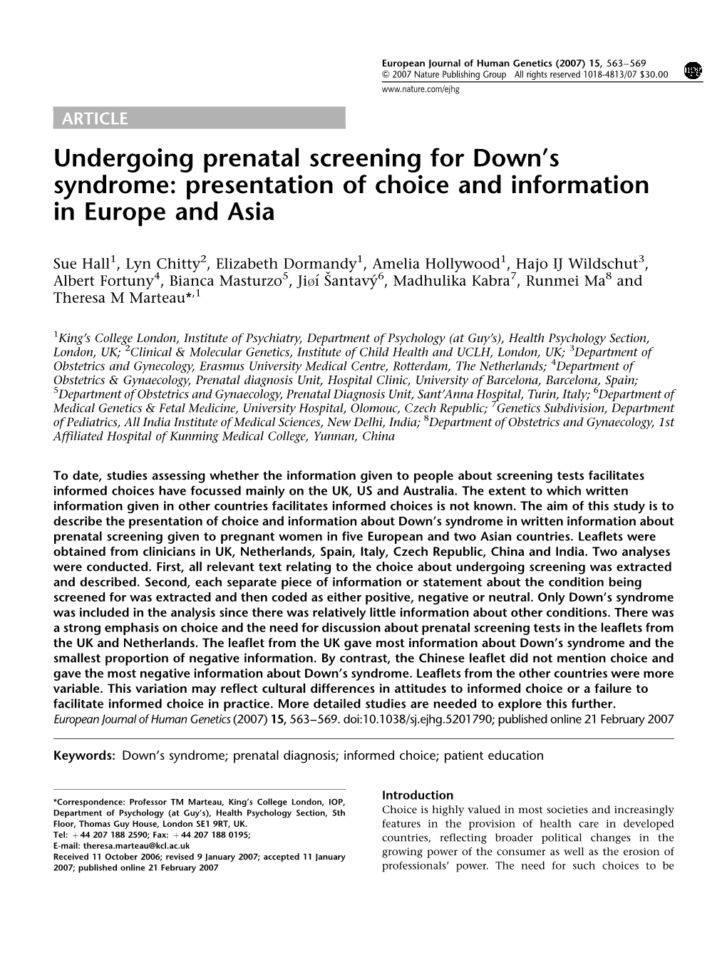 Undergoing Prenatal Screening for Down's Syndrome