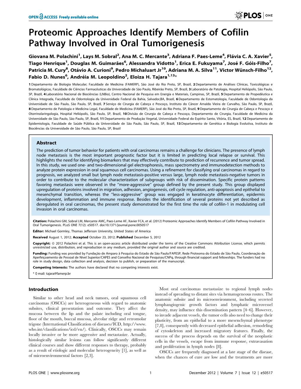 Proteomic Approaches Identify Members of Cofilin Pathway Involved in Oral Tumorigenesis