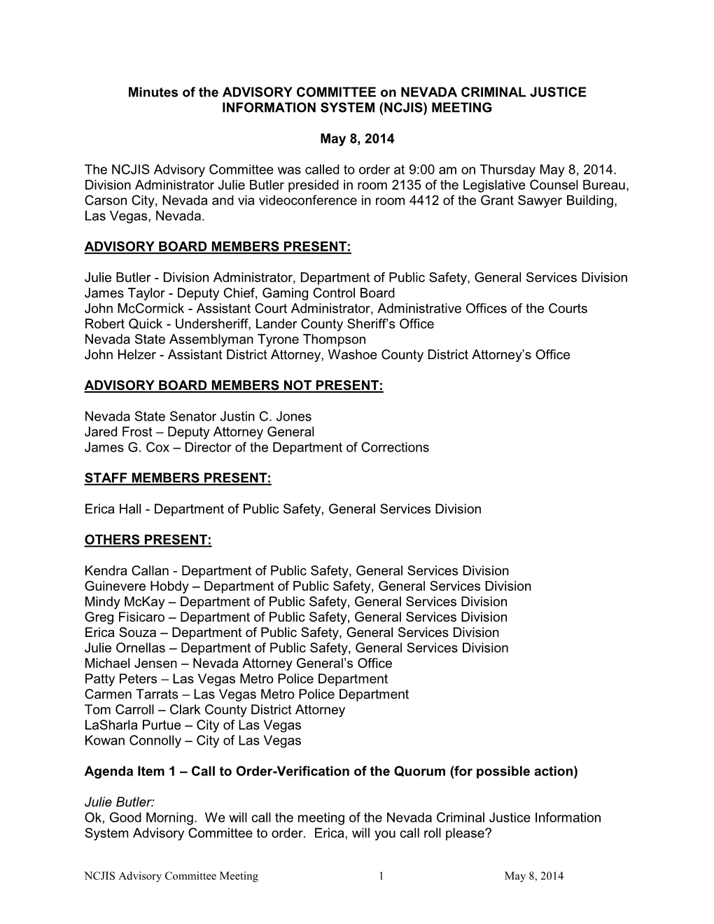 Minutes of the ADVISORY COMMITTEE on NEVADA CRIMINAL JUSTICE INFORMATION SYSTEM (NCJIS) MEETING