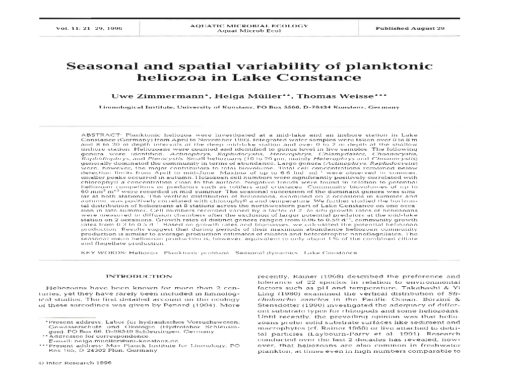 Seasonal and Spatial Variability of Planktonic Heliozoa in Lake Constance