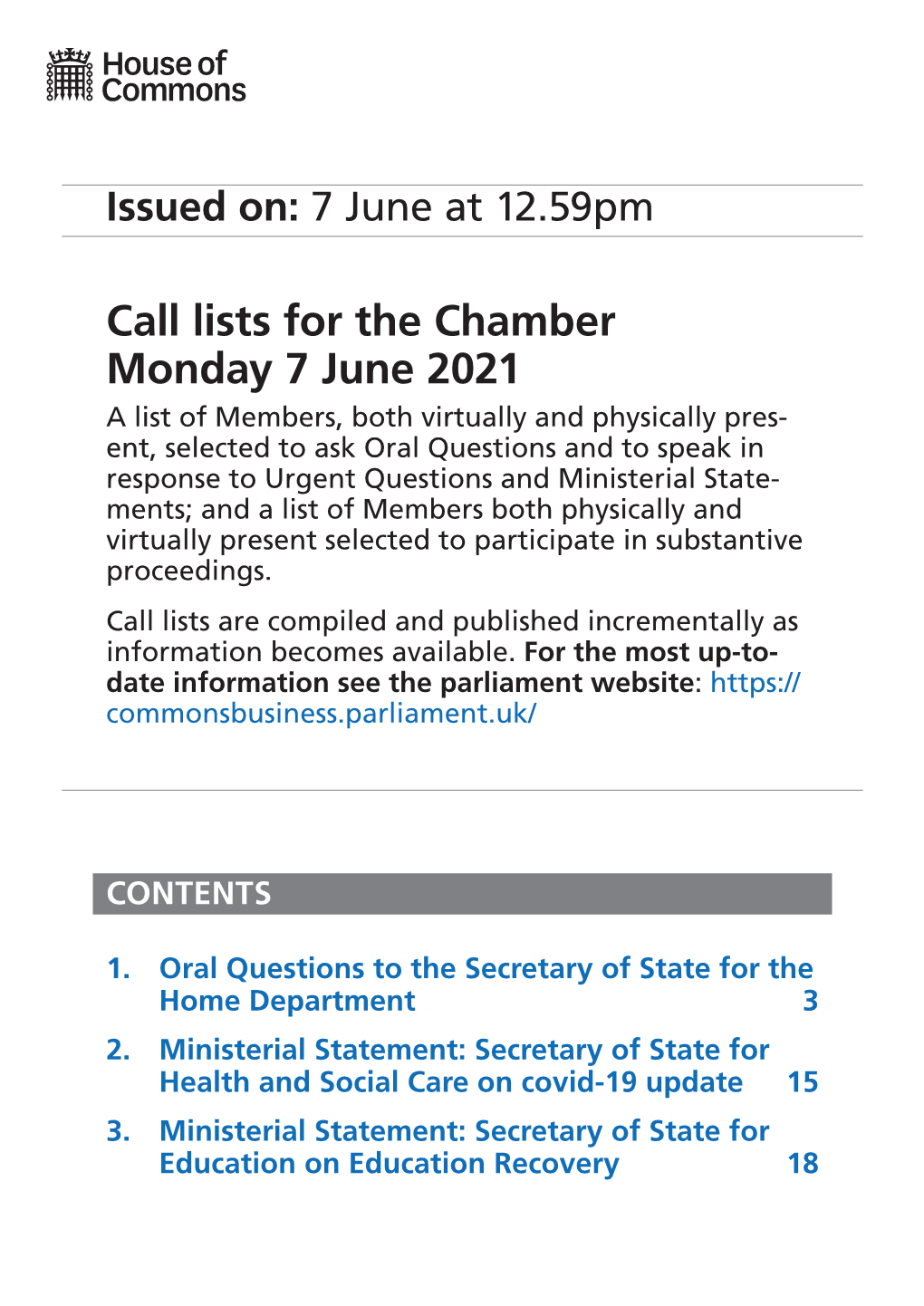 Ministerial Statement: Secretary of State for Health and Social Care on Covid-19 Update 15 3