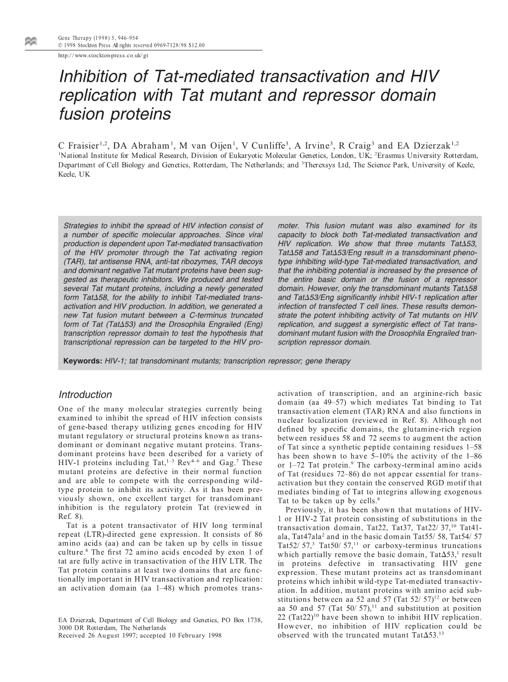 Inhibition of Tat-Mediated Transactivation and HIV Replication with Tat Mutant and Repressor Domain Fusion Proteins