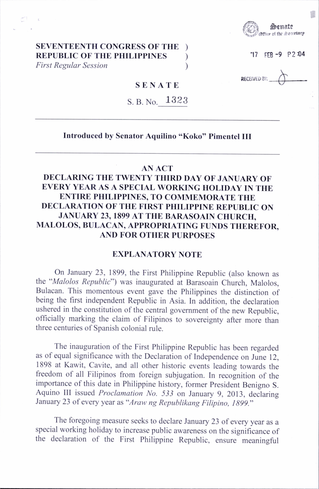 SEVENTEENTH CONGRESS of the ) REPUBLIC of the PHILIPPINES ) •17 FEB-9 P2«4 First Regular Session )