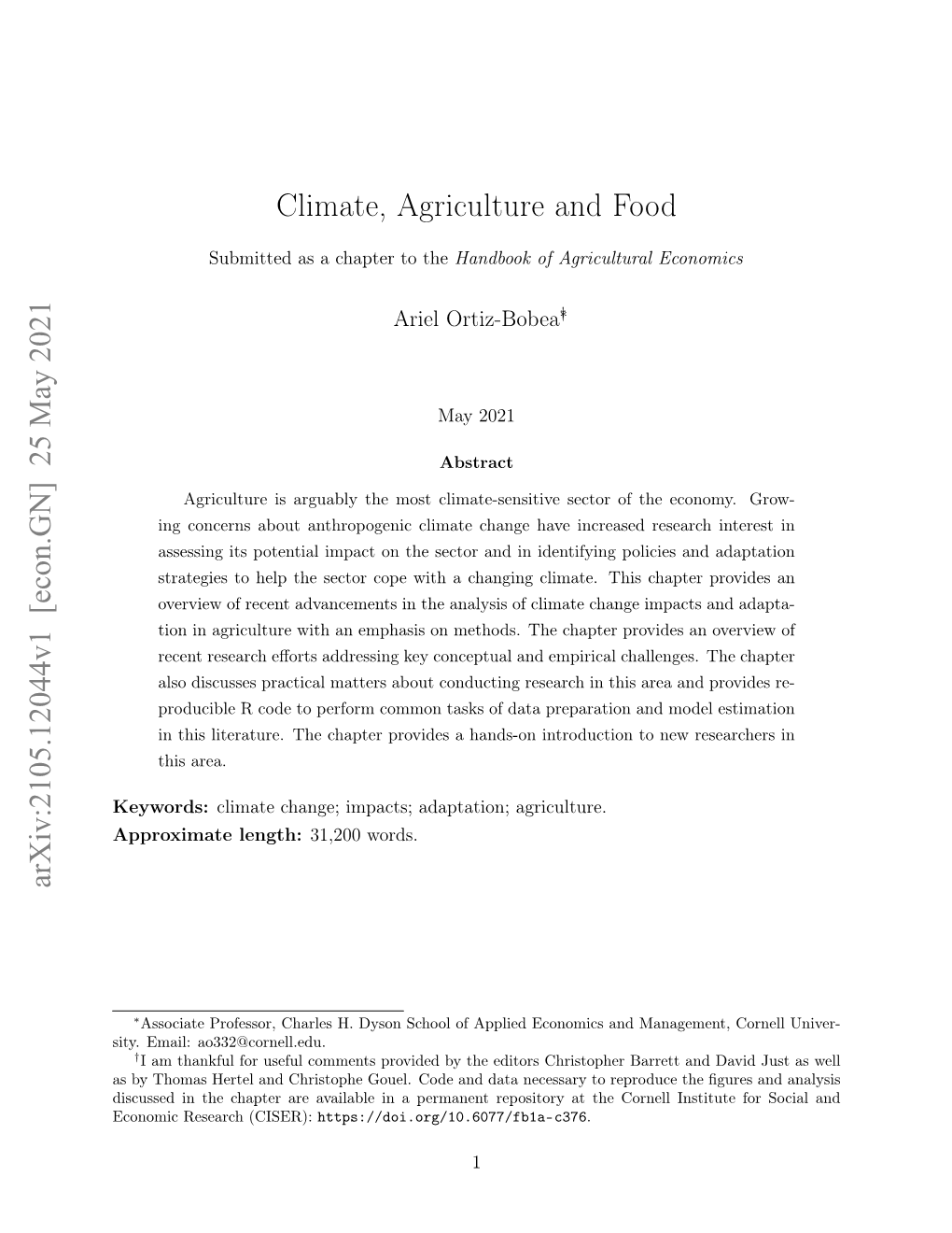 Climate, Agriculture and Food Arxiv:2105.12044V1 [Econ.GN]