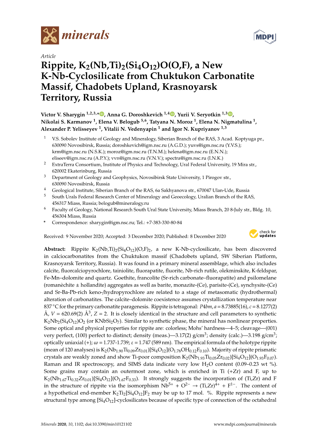 2(Si4o12)O(O,F), a New K-Nb-Cyclosilicate from Chuktukon Carbonatite Massif, Chadobets Upland, Krasnoyarsk Territory, Russia