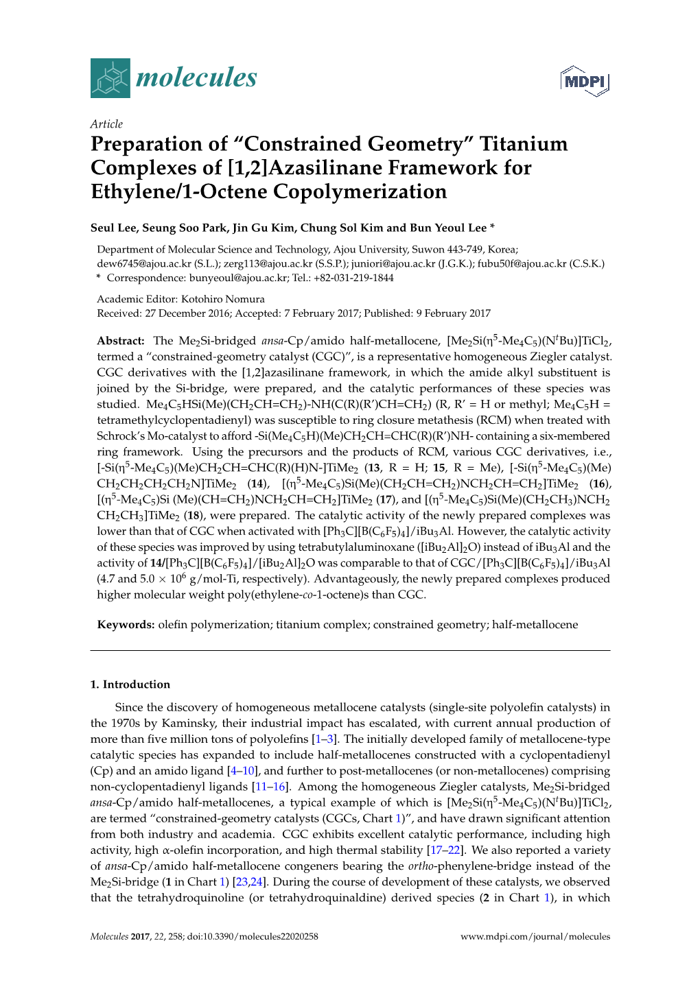 Preparation of “Constrained Geometry” Titanium Complexes of [1,2]Azasilinane Framework for Ethylene/1-Octene Copolymerization