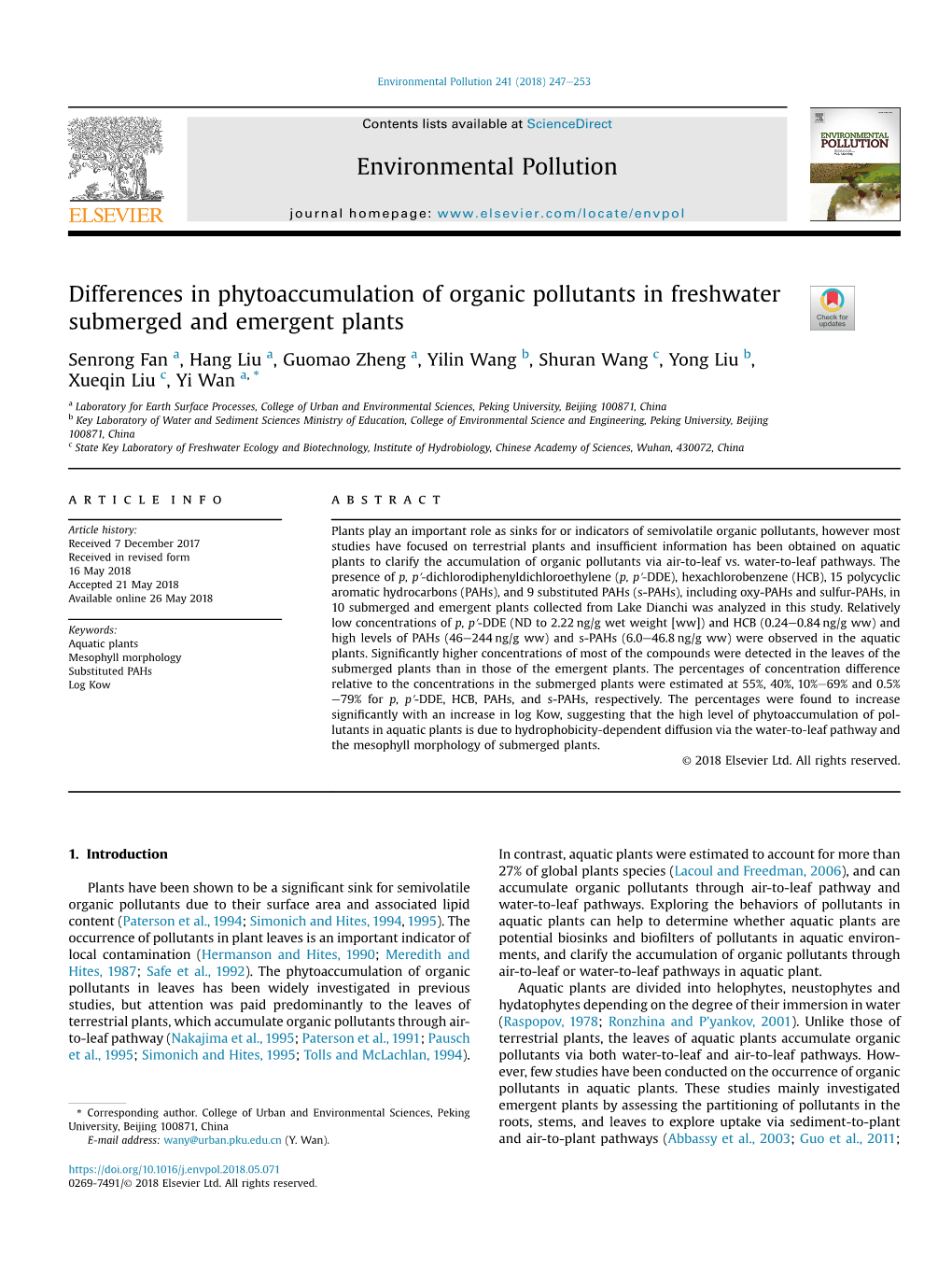 Differences in Phytoaccumulation of Organic Pollutants in Freshwater Submerged and Emergent Plants