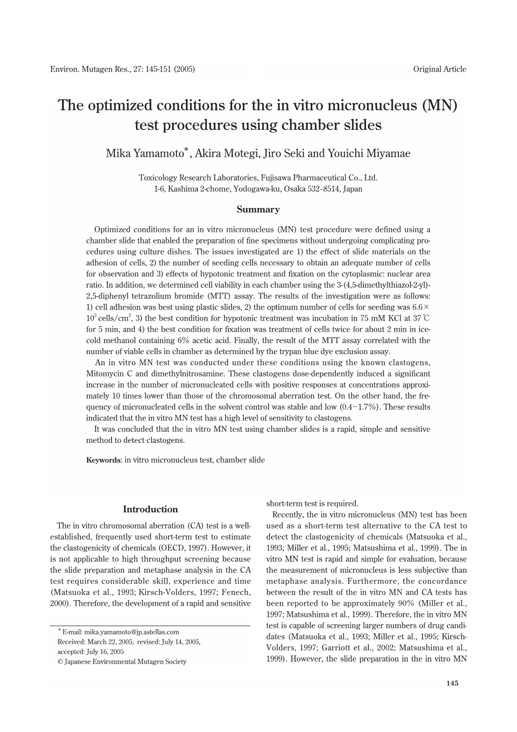 The Optimized Conditions for the in Vitro Micronucleus (MN) Test Procedures Using Chamber Slides