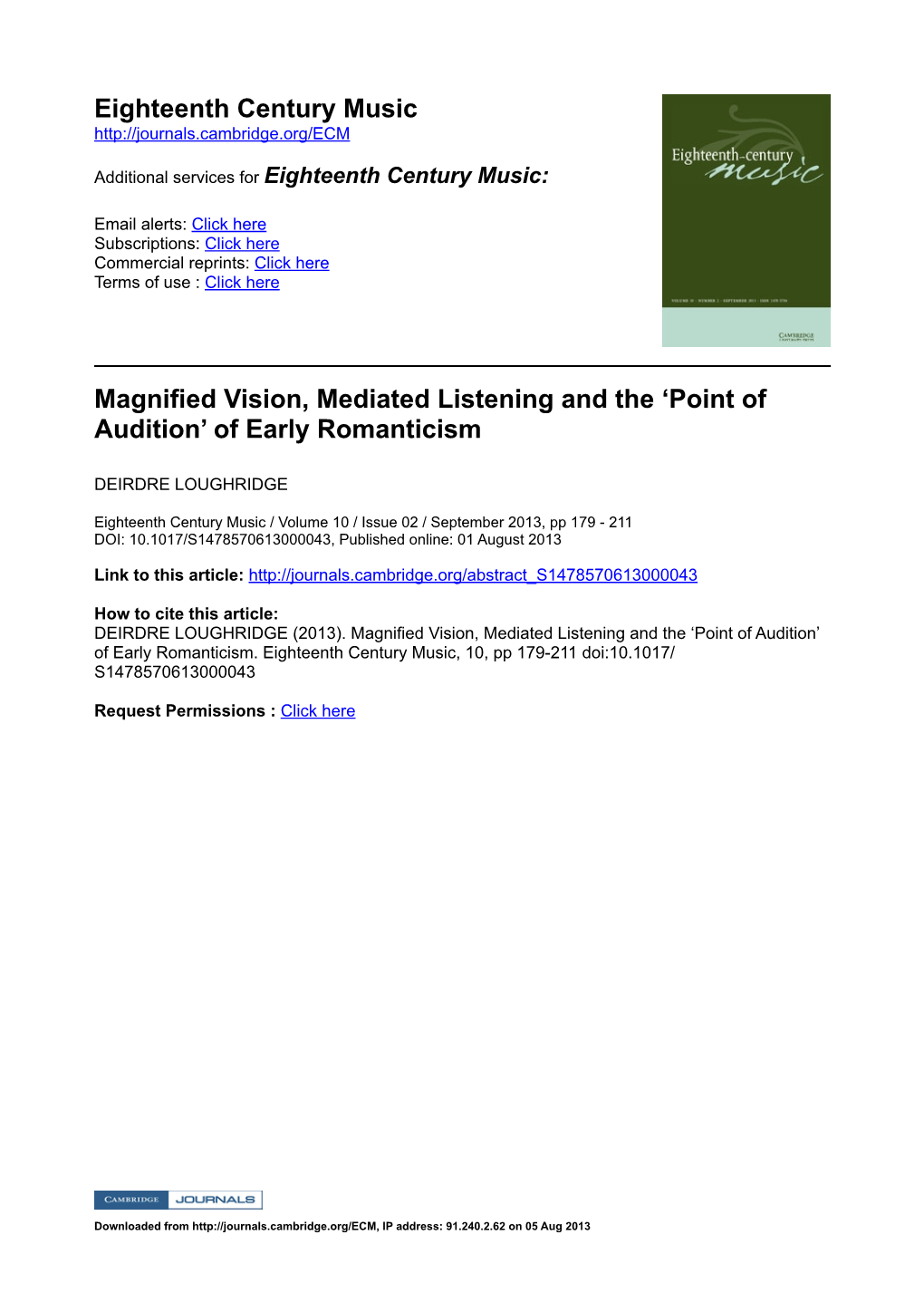 Eighteenth Century Music Magnified Vision, Mediated