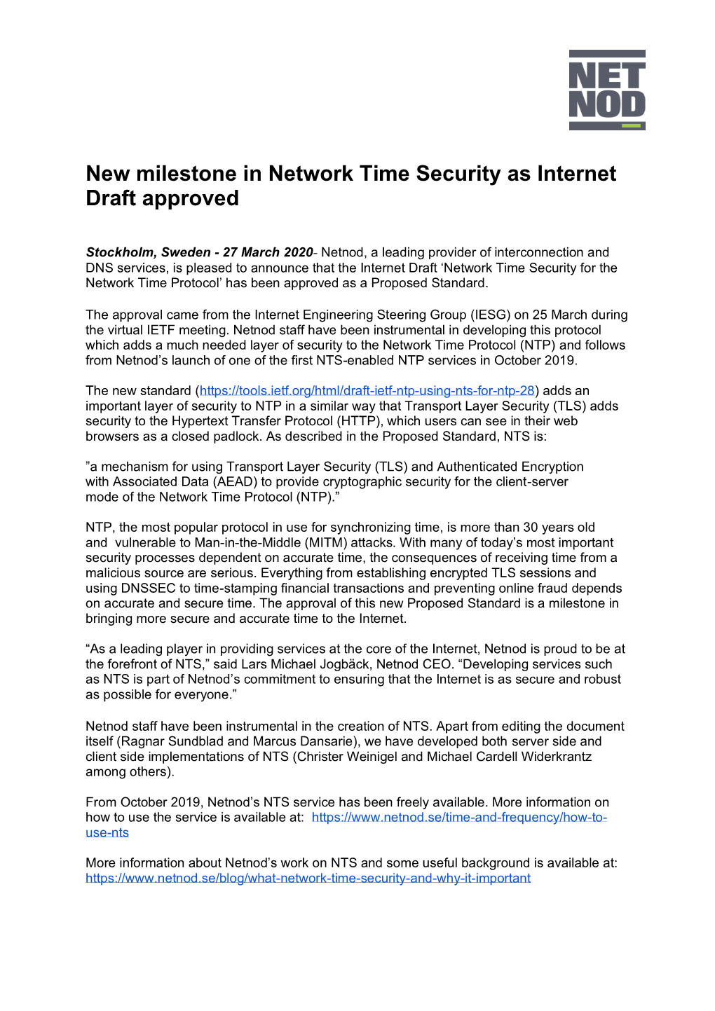 New Milestone in Network Time Security As Internet Draft Approved