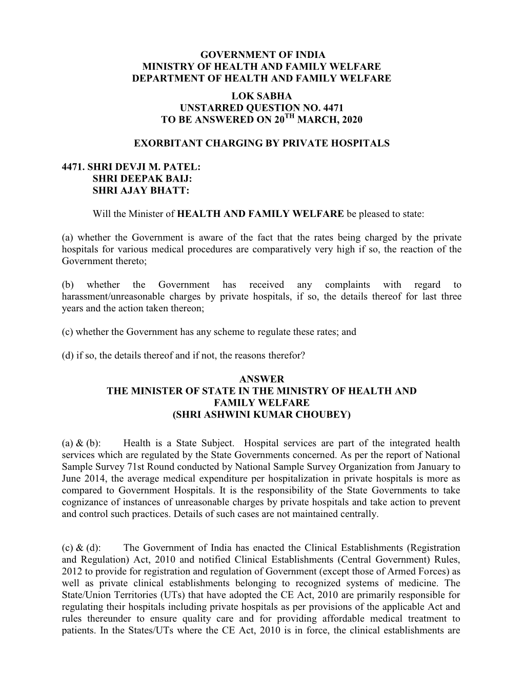 Government of India Ministry of Health and Family Welfare Department of Health and Family Welfare Lok Sabha Unstarred Question No