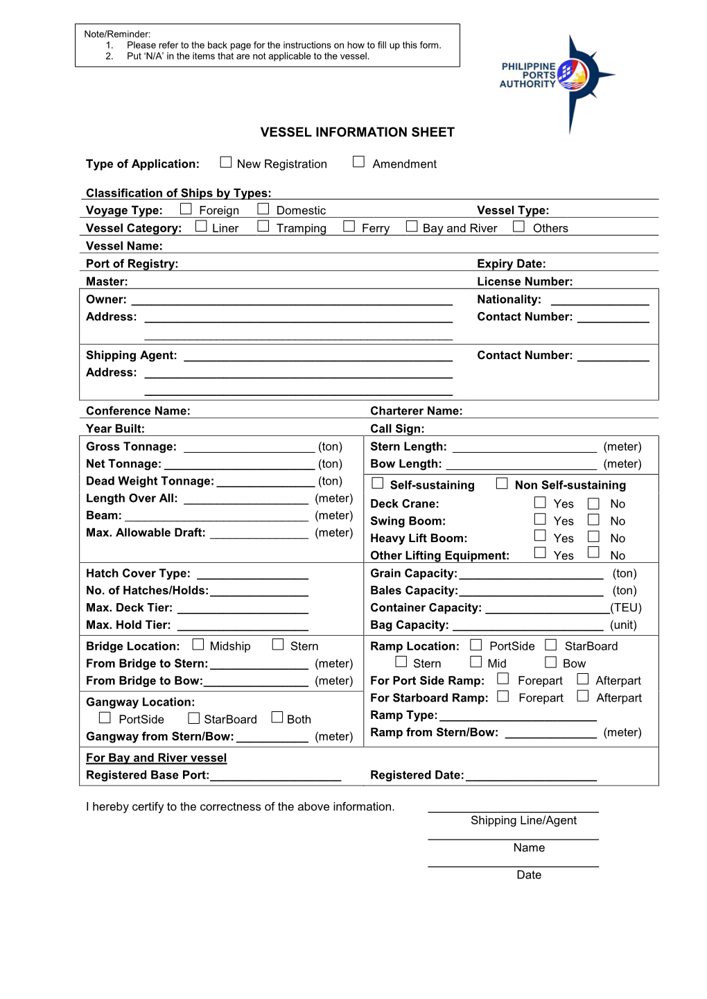 Vessel Information Sheet