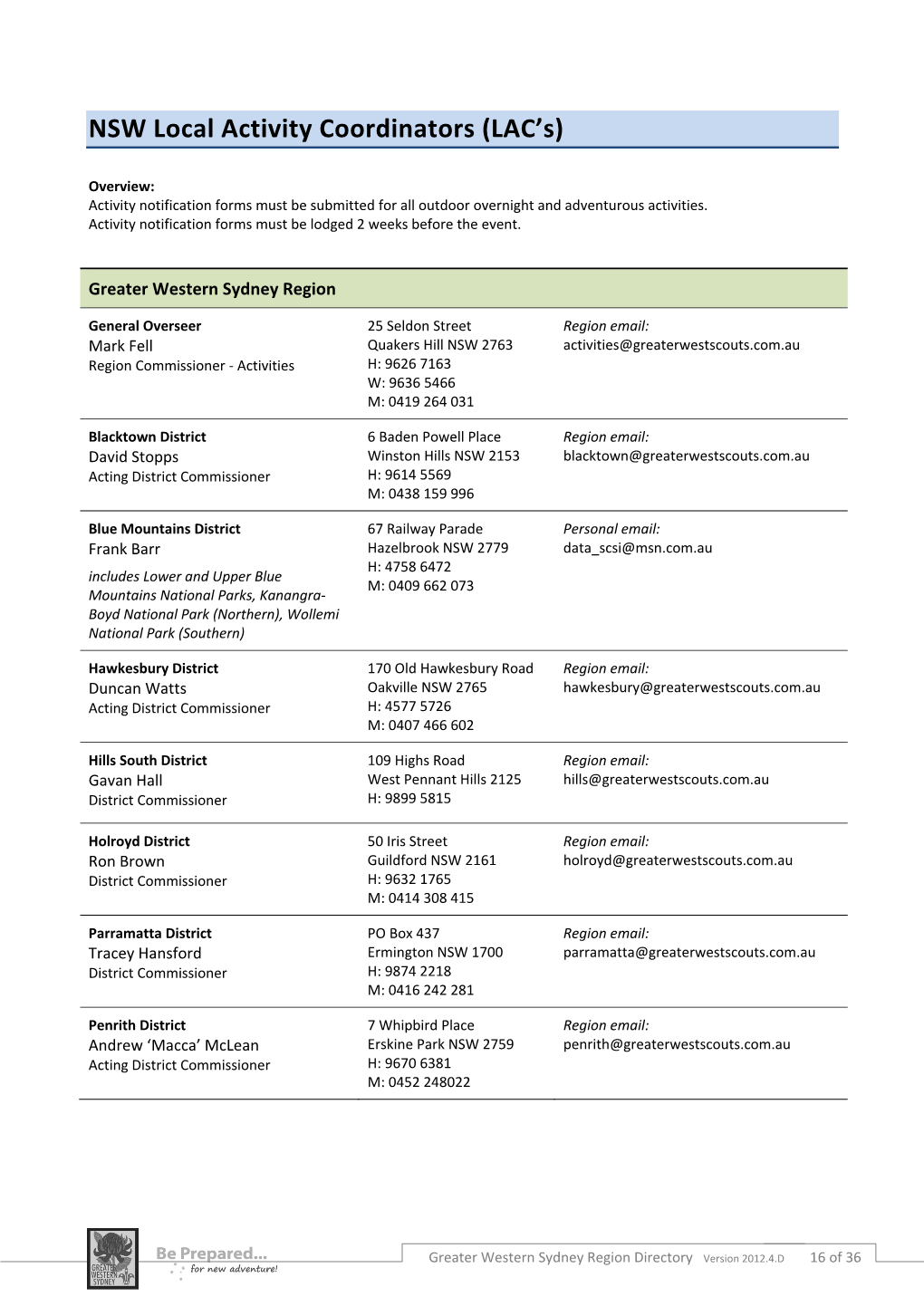 NSW Local Activity Coordinators (LAC's)