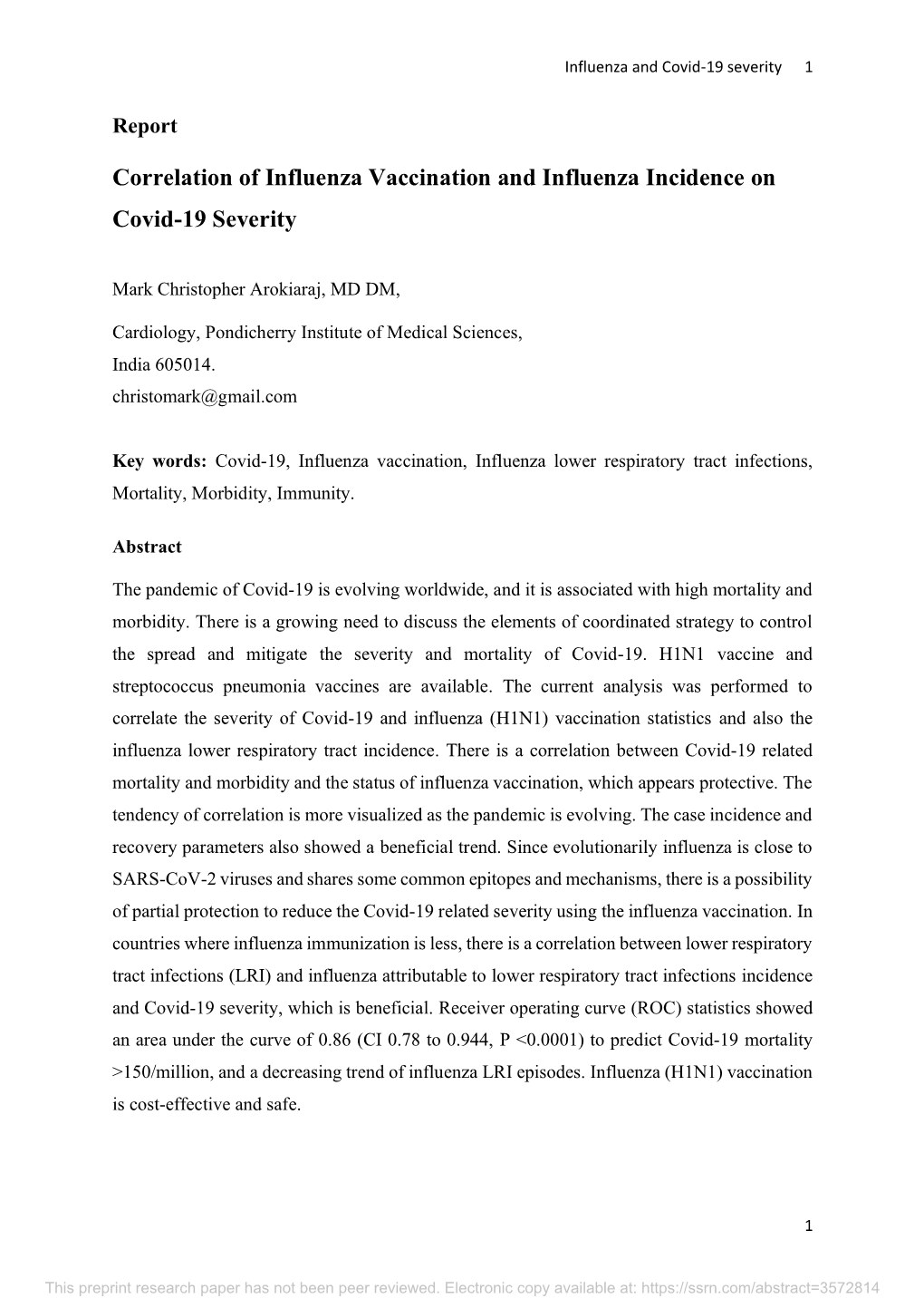 Correlation of Influenza Vaccination and Influenza Incidence on Covid-19 Severity