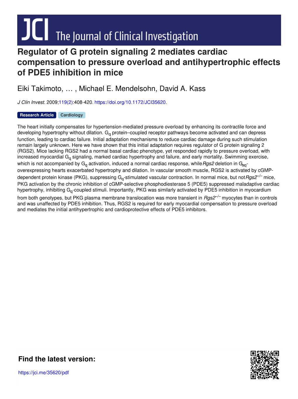 Regulator of G Protein Signaling 2 Mediates Cardiac Compensation to Pressure Overload and Antihypertrophic Effects of PDE5 Inhibition in Mice