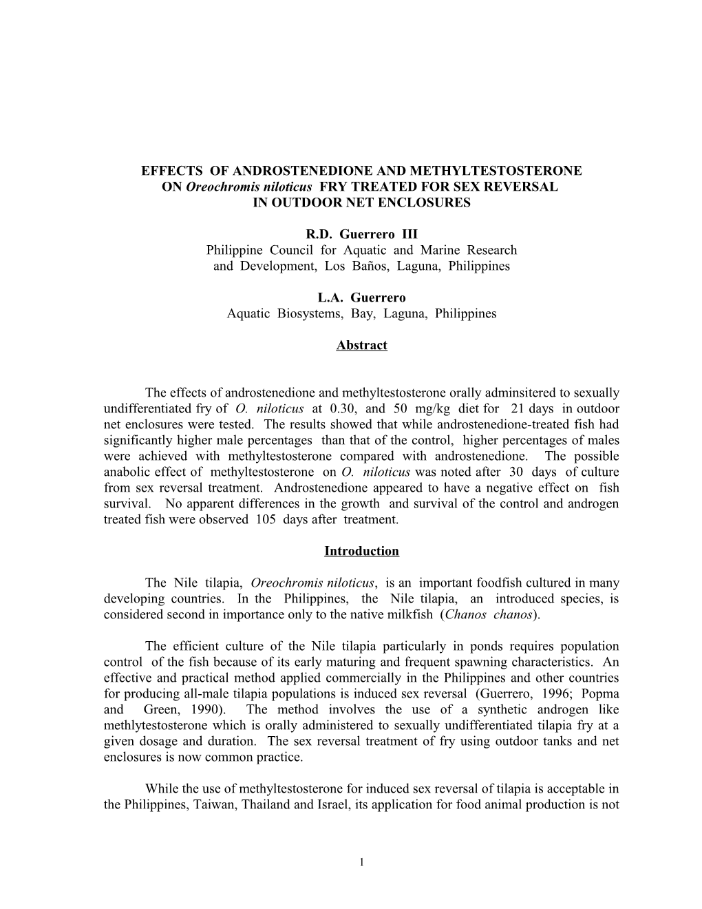 Effects of Androstenedione and Methyltestosterone on Oreochromis Niloticus Fry Treated