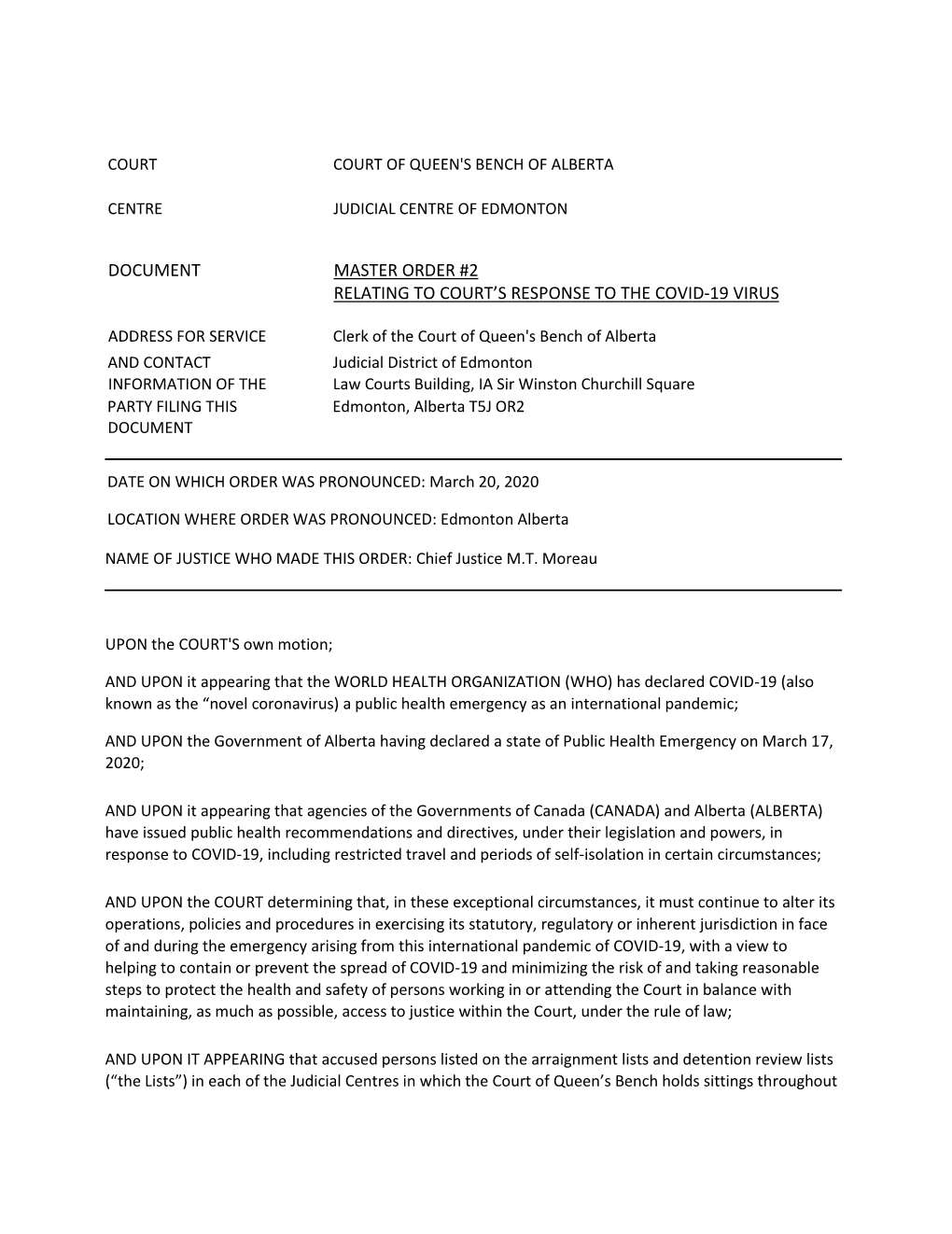 Document Master Order #2 Relating to Court's Response to the Covid-19 Virus