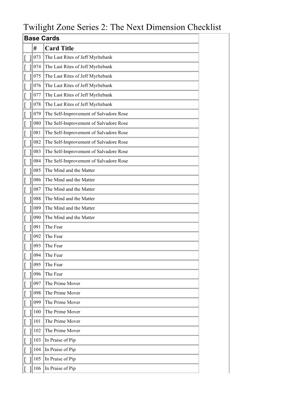 Twilight Zone Series 2: the Next Dimension Checklist