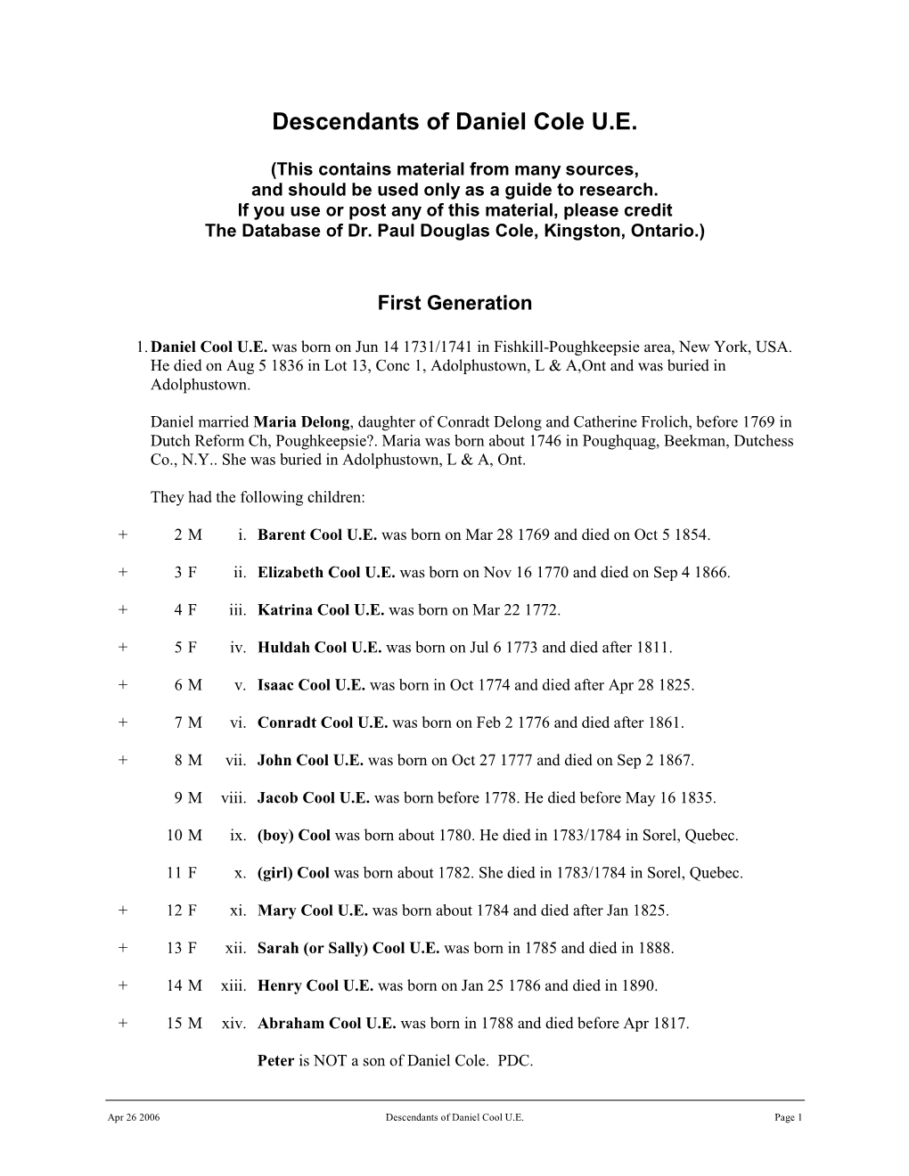 Daniel Cole's Loyalist Genealogy