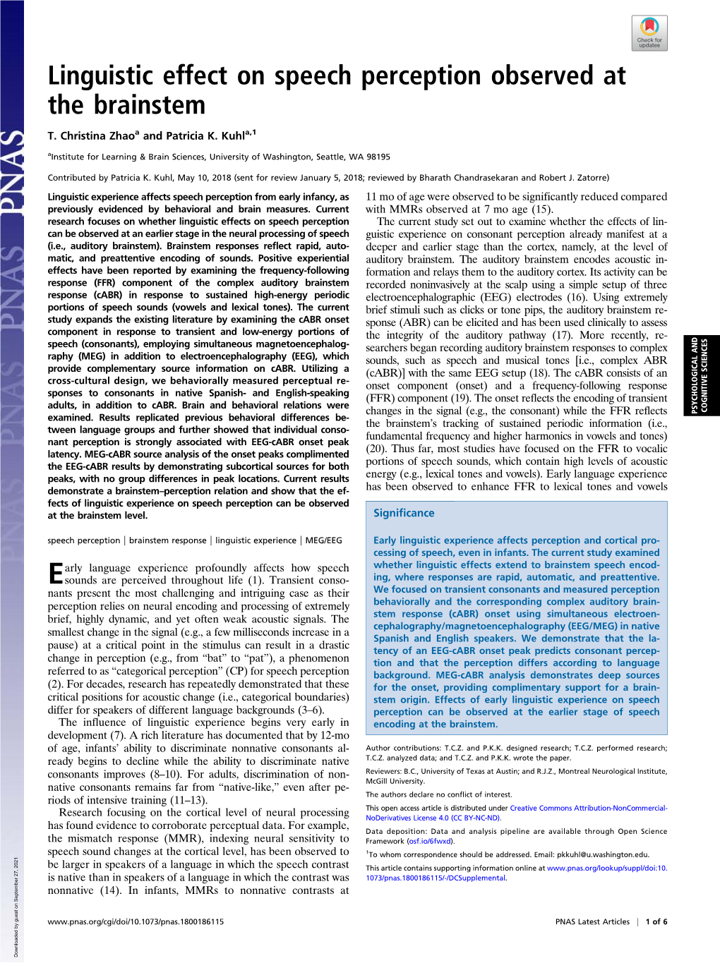 Linguistic Effect on Speech Perception Observed at the Brainstem