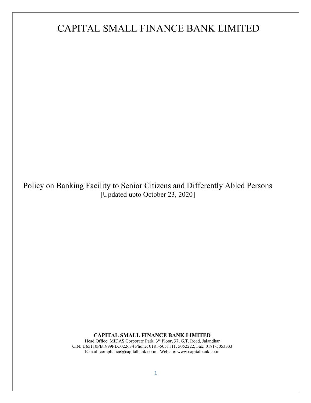 Policy on Banking Facility to Senior Citizens and Differently Abled Persons [Updated Upto October 23, 2020]