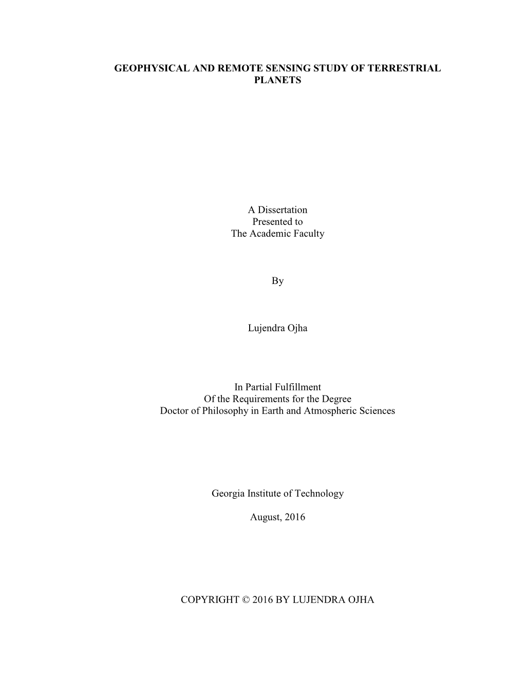 Geophysical and Remote Sensing Study of Terrestrial Planets