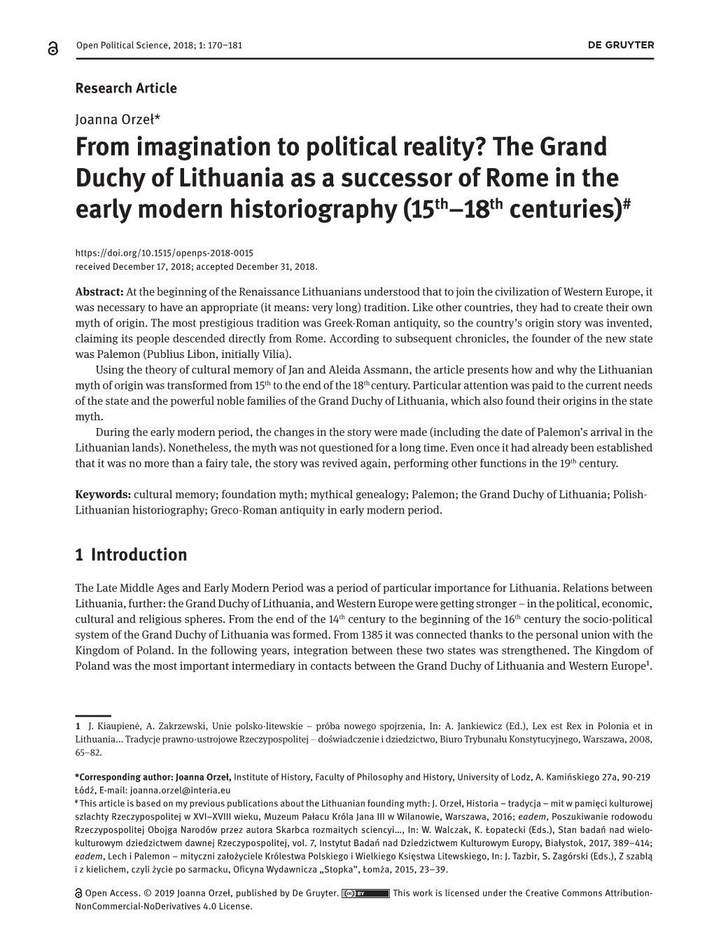 The Grand Duchy of Lithuania As a Successor of Rome in the Early