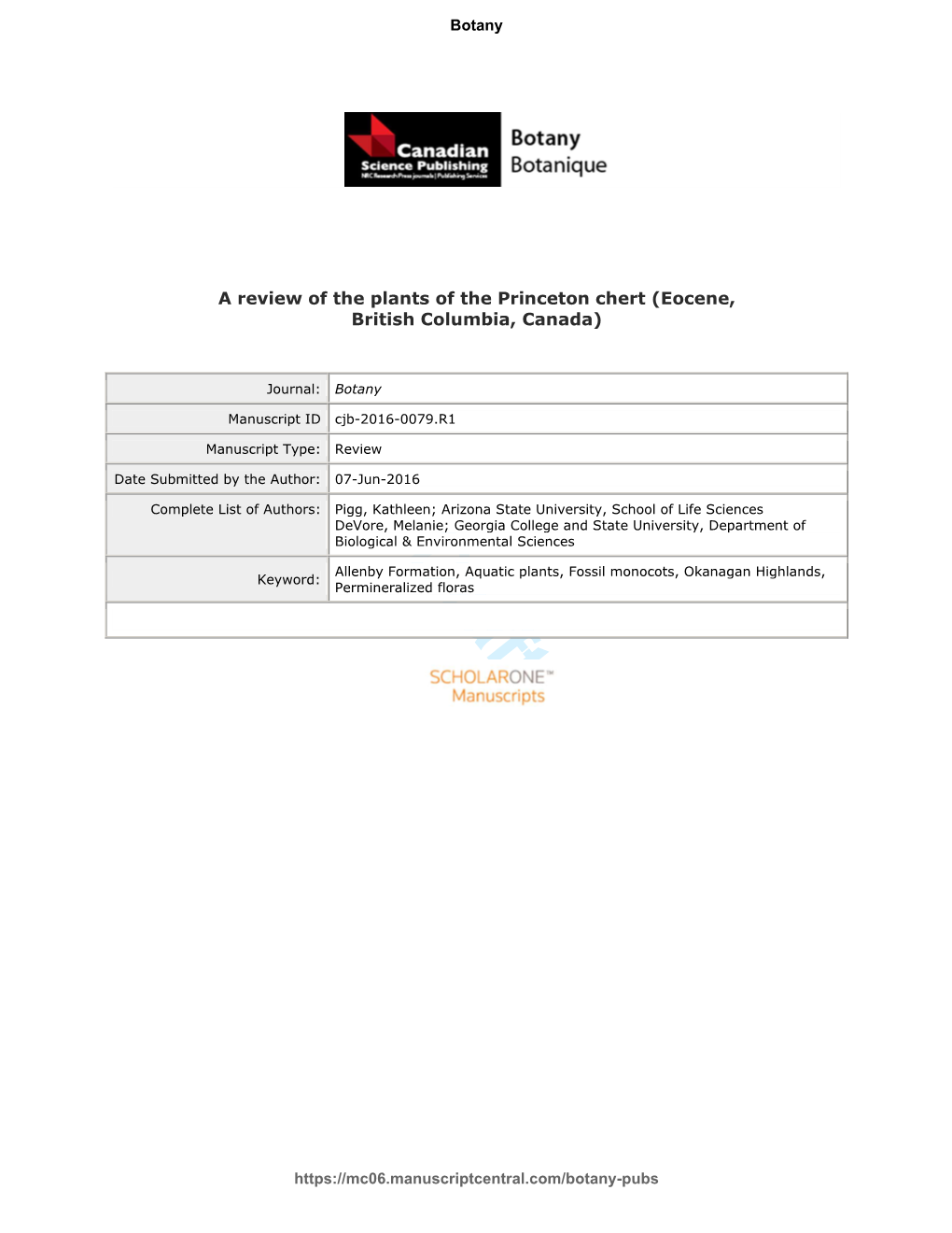 A Review of the Plants of the Princeton Chert (Eocene, British Columbia, Canada)