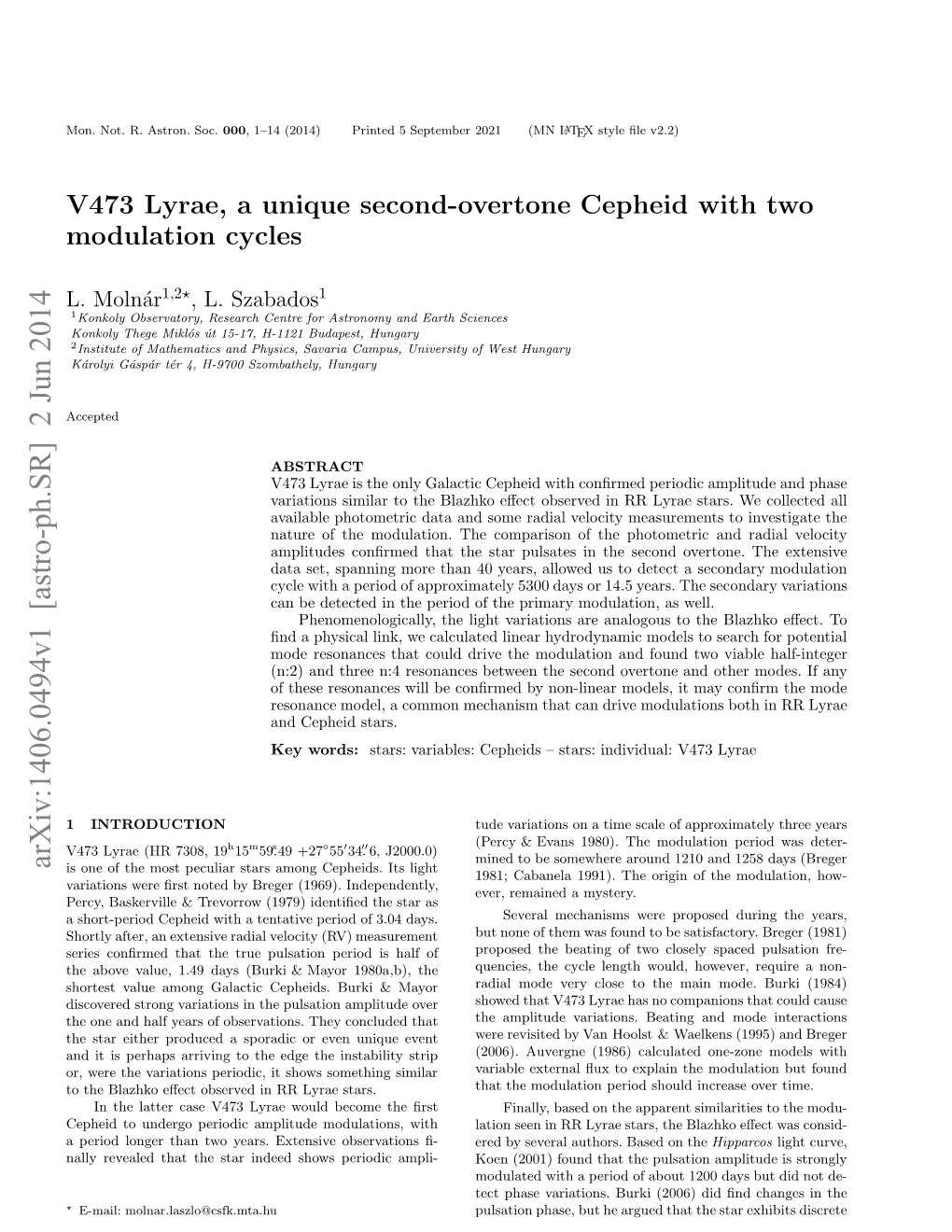 Arxiv:1406.0494V1 [Astro-Ph.SR] 2 Jun 2014