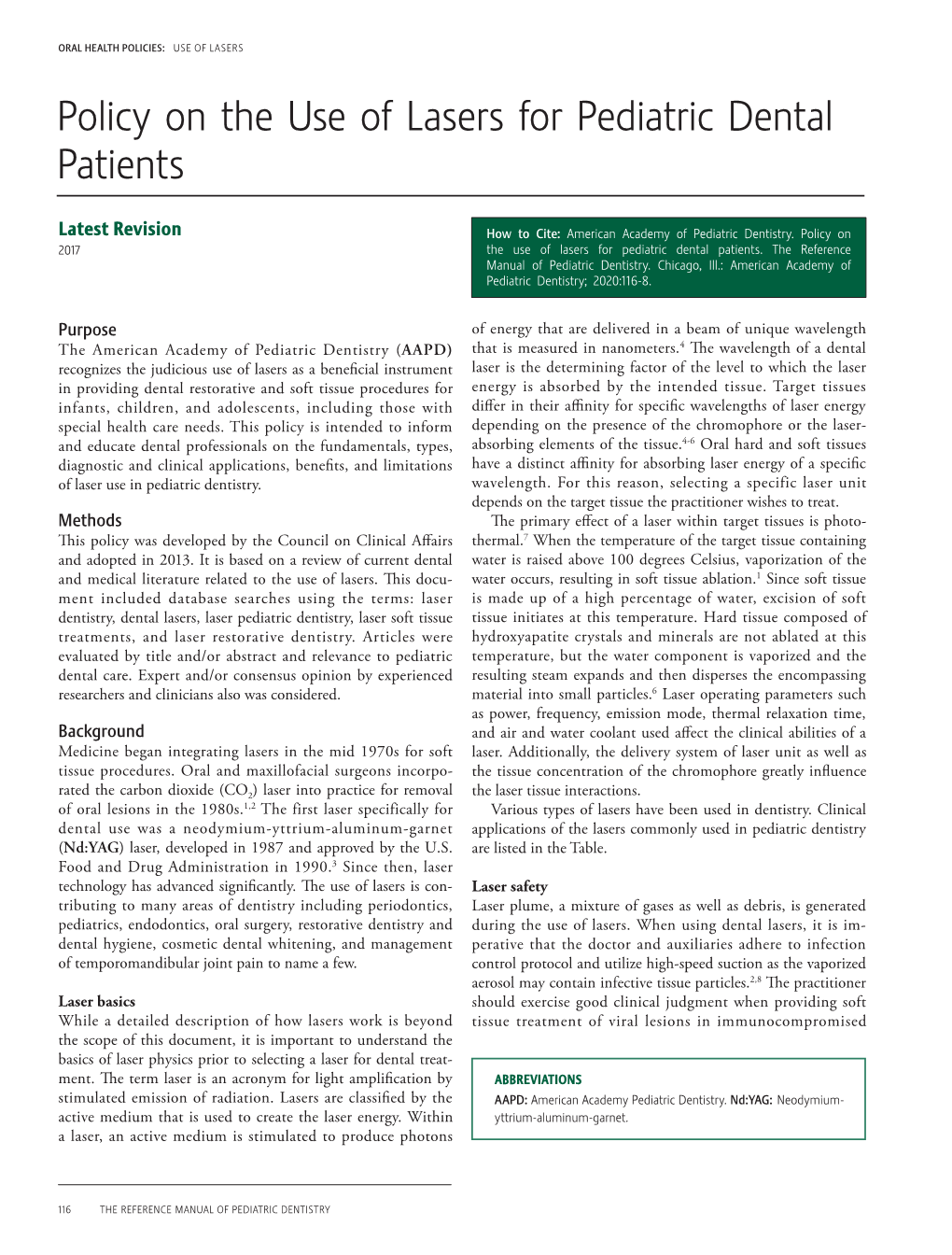 Policy on the Use of Lasers for Pediatric Dental Patients