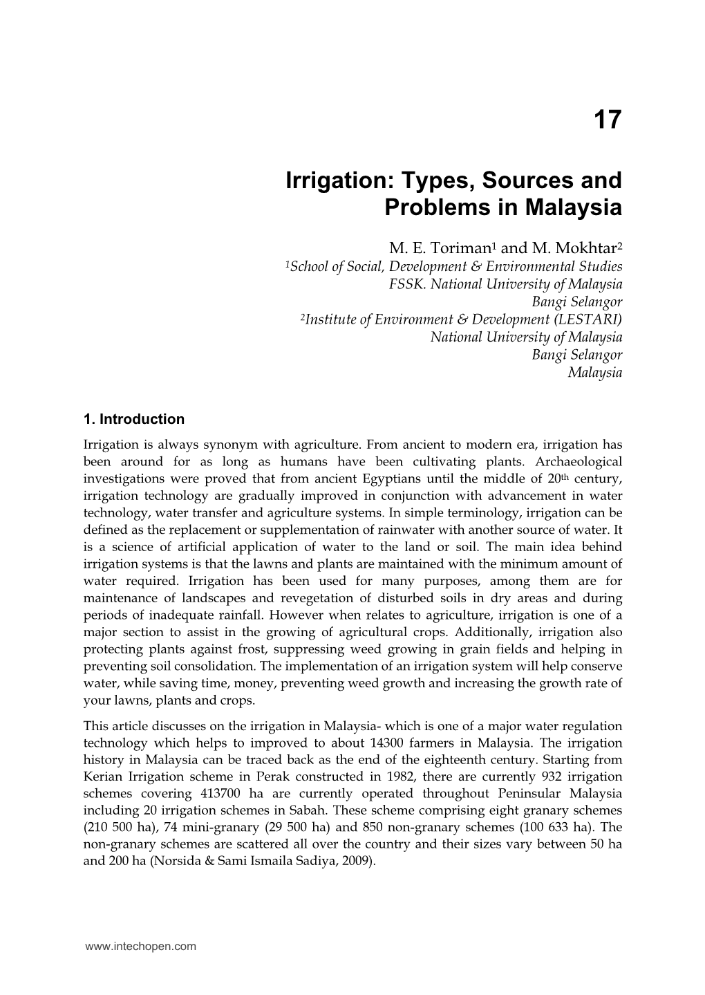 Irrigation: Types, Sources and Problems in Malaysia