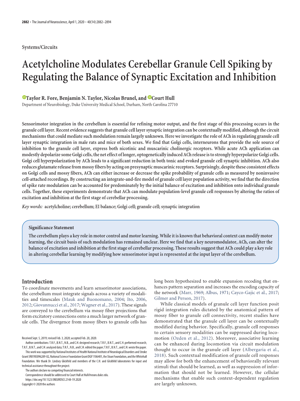 Acetylcholine Modulates Cerebellar Granule Cell Spiking by Regulating the Balance of Synaptic Excitation and Inhibition