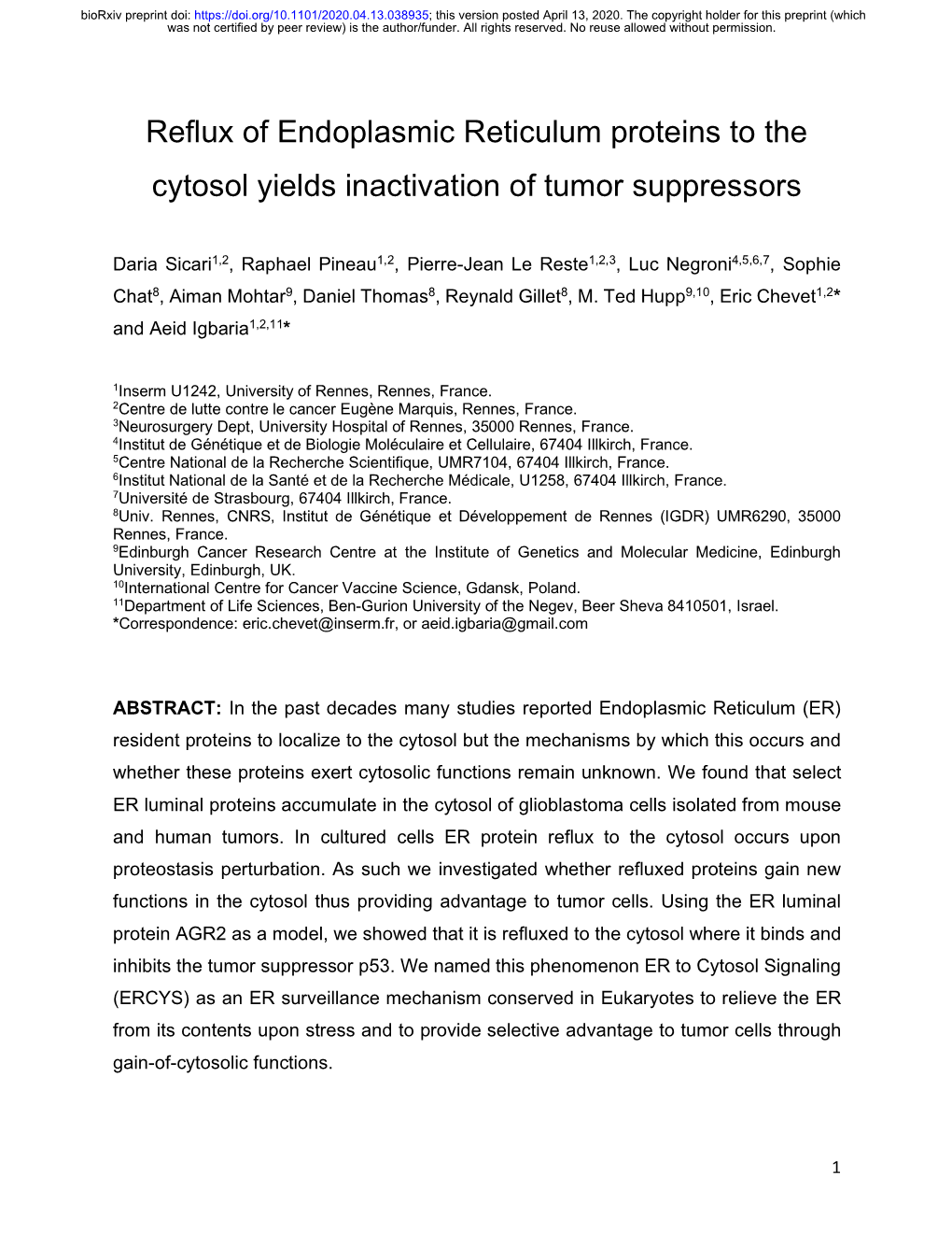 Reflux of Endoplasmic Reticulum Proteins to the Cytosol Yields Inactivation of Tumor Suppressors