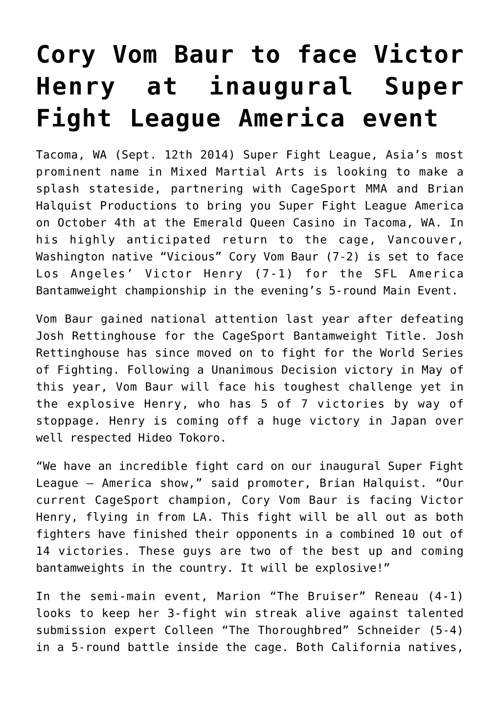 Cory Vom Baur to Face Victor Henry at Inaugural Super Fight League America Event