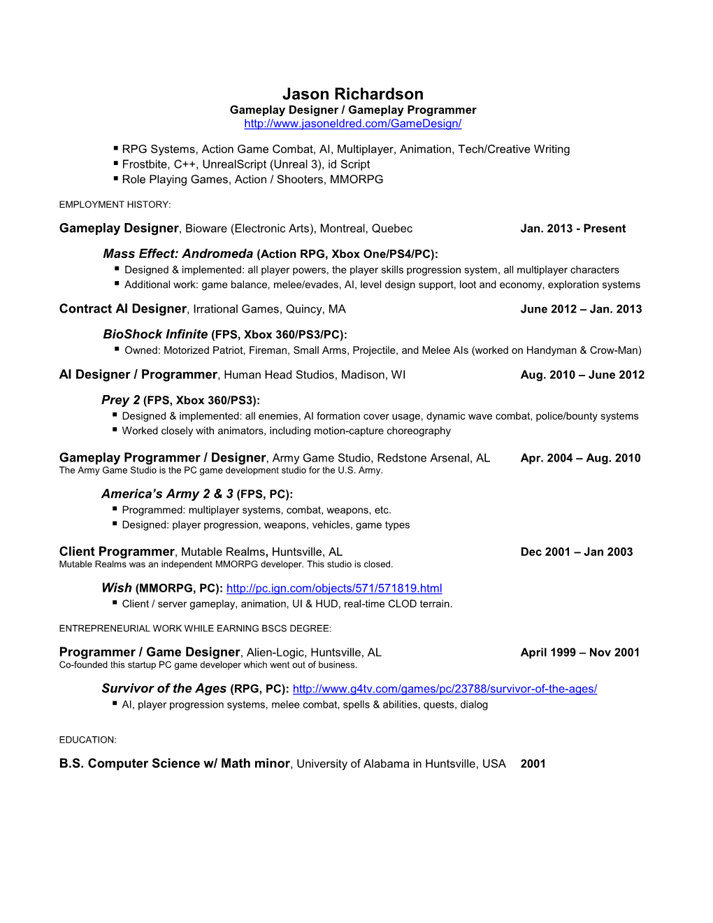 Game Designer's Resume