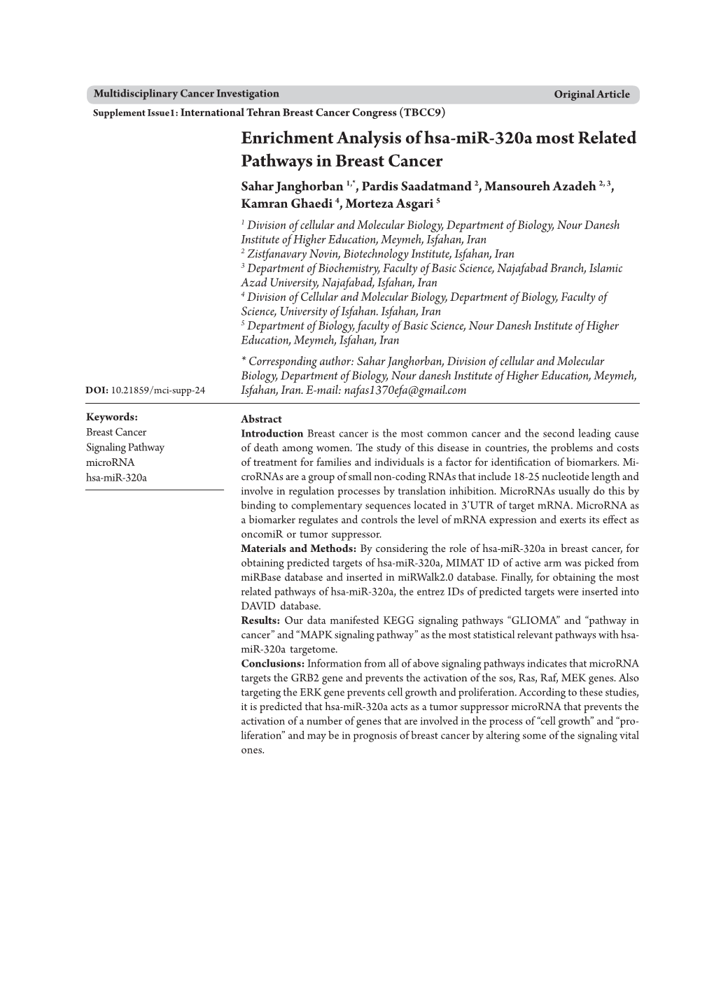 Enrichment Analysis of Hsa-Mir-320A Most Related Pathways in Breast Cancer