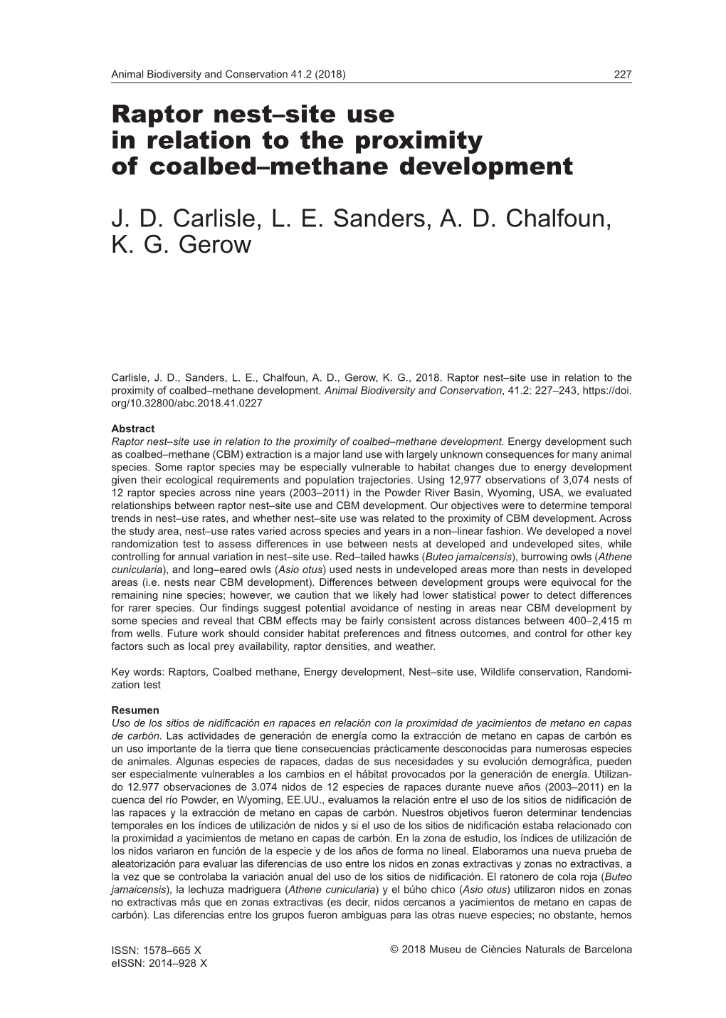 Raptor Nest–Site Use in Relation to the Proximity of Coalbed–Methane Development