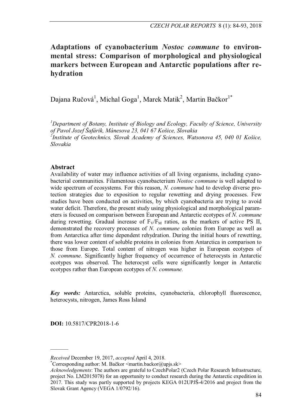 Adaptations of Cyanobacterium Nostoc Commune to Environ- Mental Stress: Comparison of Morphological and Physiological Markers