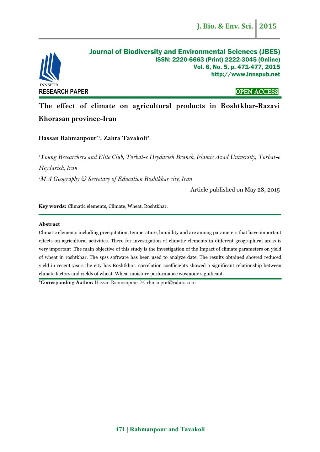 The Effect of Climate on Agricultural Products in Roshtkhar-Razavi Khorasan Province-Iran