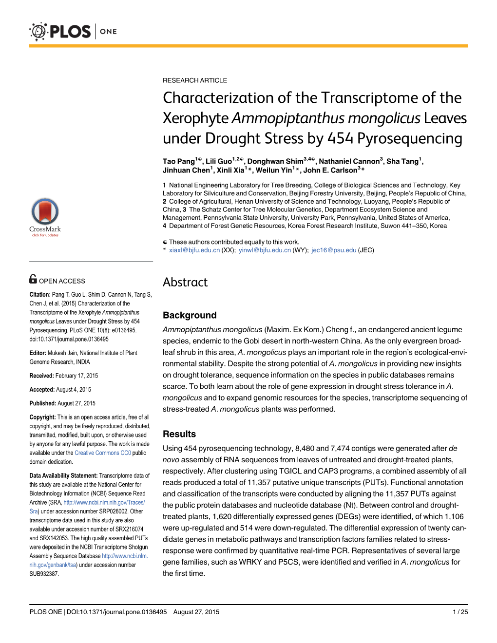 Characterization of the Transcriptome of the Xerophyte Ammopiptanthus Mongolicus Leaves Under Drought Stress by 454 Pyrosequencing