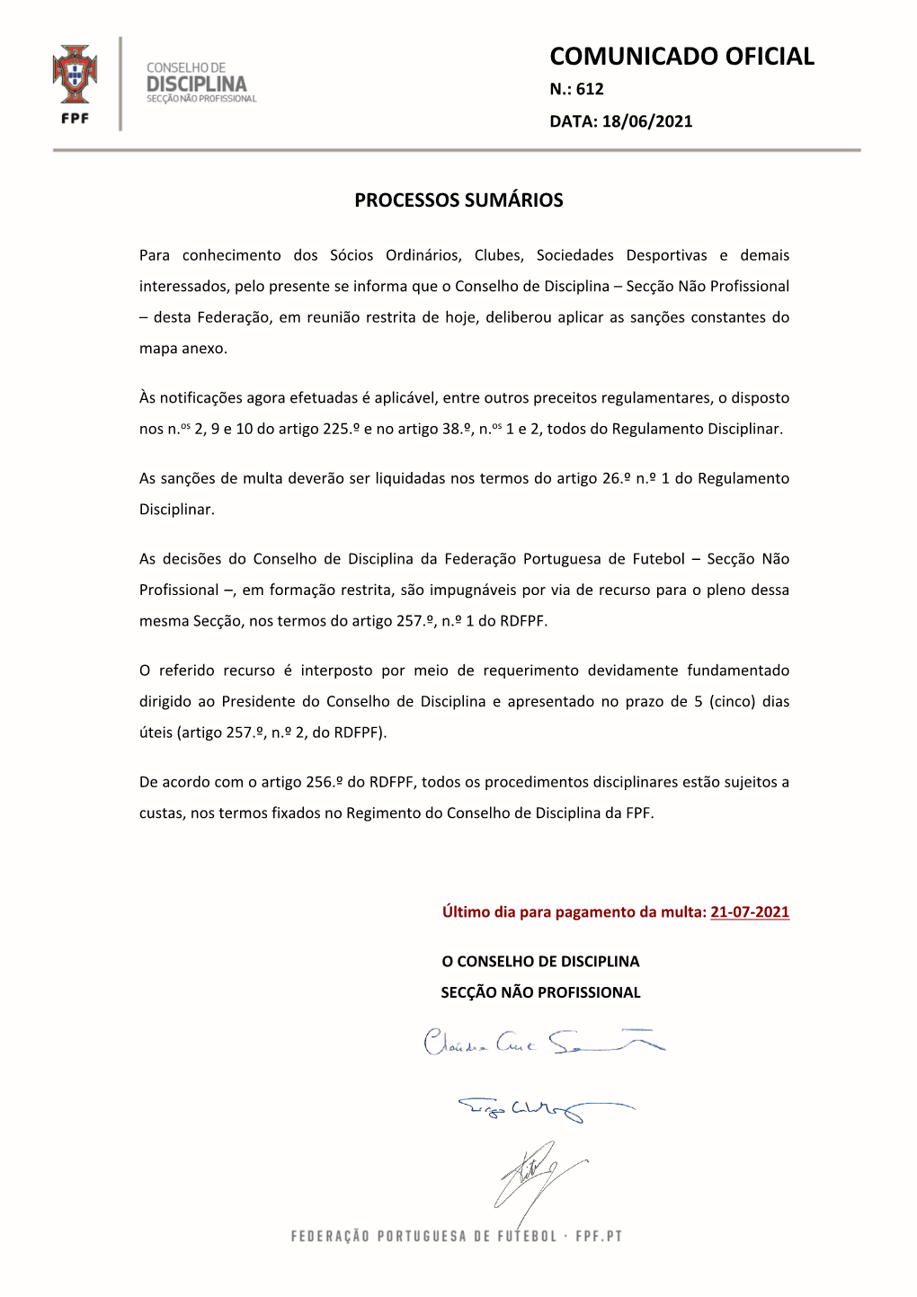 Comunicado Oficial N.: 612 Data: 18/06/2021