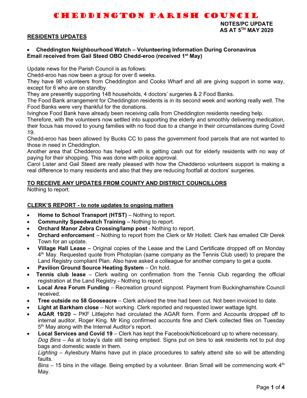 Cheddington Parish Council Notes/Pc Update As at 5Th May 2020 Residents Updates