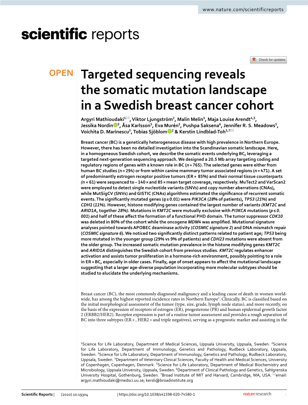 Targeted Sequencing Reveals the Somatic Mutation Landscape in a Swedish Breast Cancer Cohort