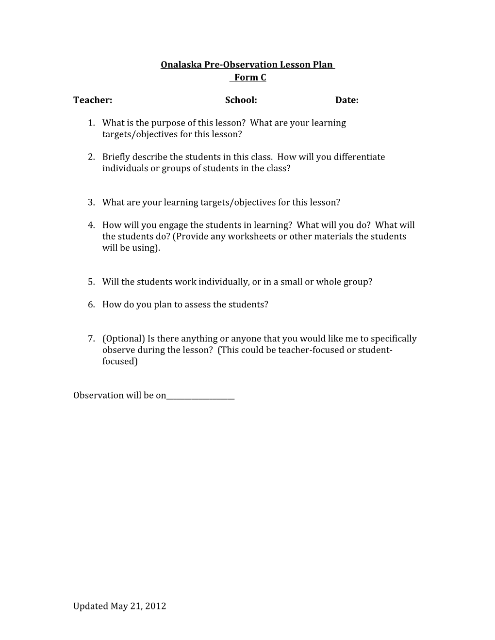 Onalaska Pre-Observation Lesson Plan