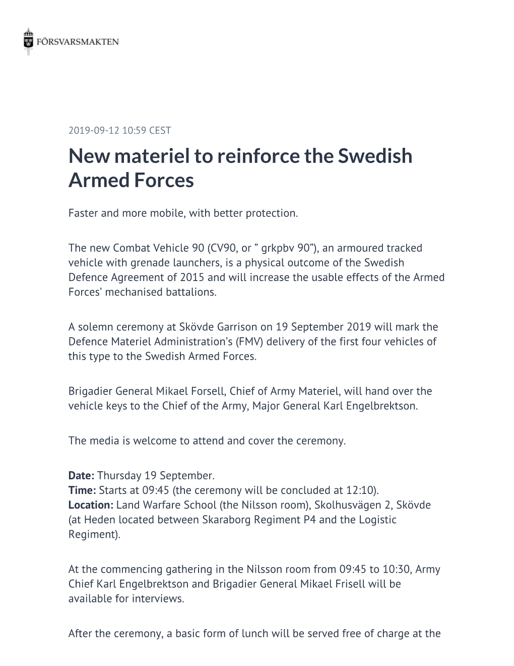 New Materiel to Reinforce the Swedish Armed Forces